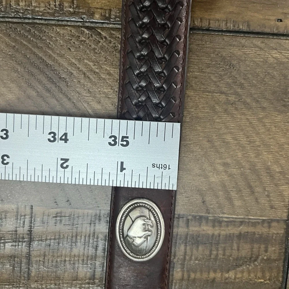 Vtg FOSSIL Brown Leather Belt Silver‎ Buffalo Yellowstone Concho Men's 34